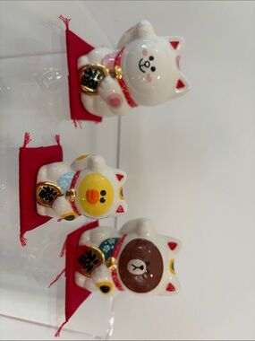 Set of 3 Ceramic Lucky Cat Figurines - White with Pink, Yellow, Brown Accents